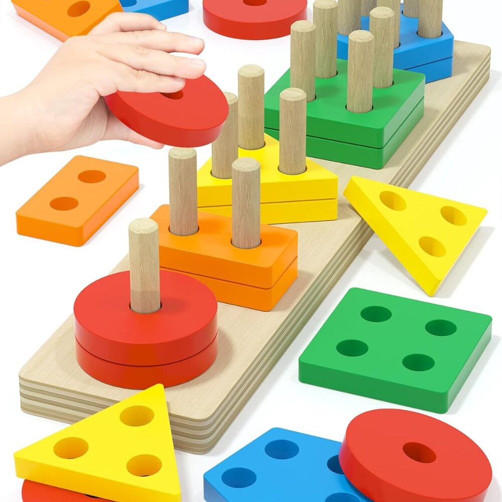 Montessori Wooden Sorting & Stacking Toys - Colorful Sensory Play for Toddlers